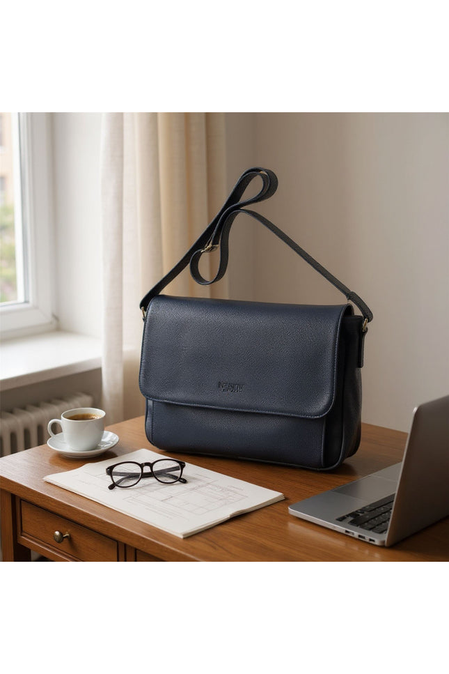 Genuine Leather Navy Laptop Bag Travel Work Messenger Satchel - Camden
