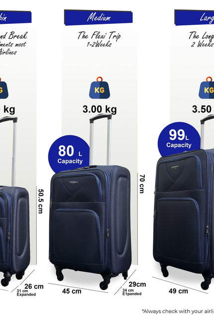 Nagoya Set of 3 Soft Shell Suitcase in Navy