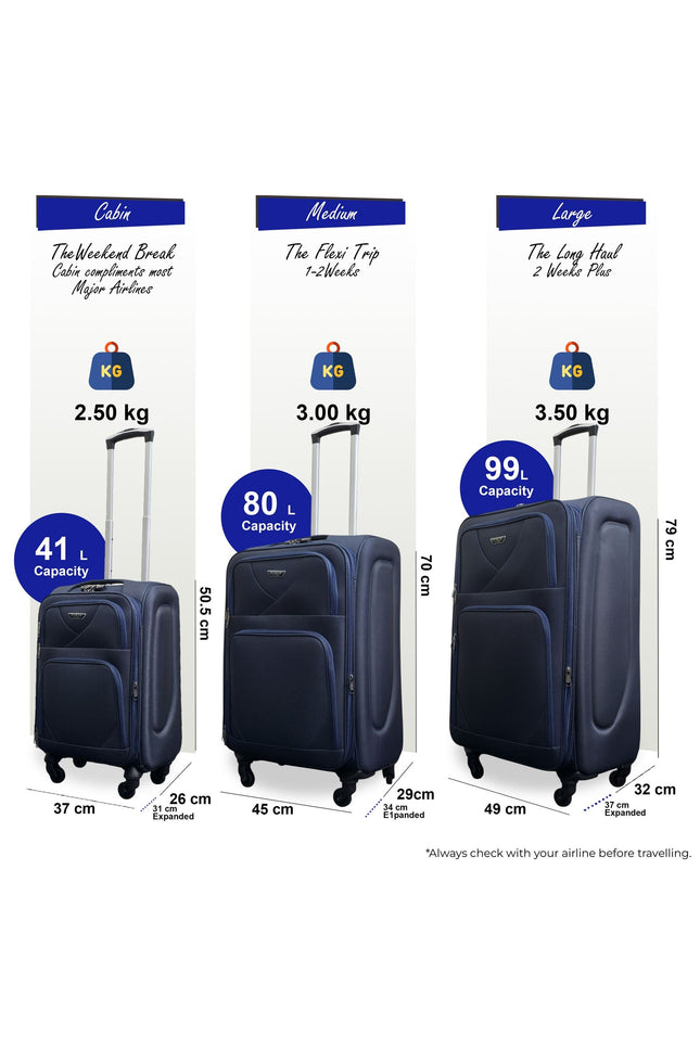 Nagoya Set of 3 Soft Shell Suitcase in Navy