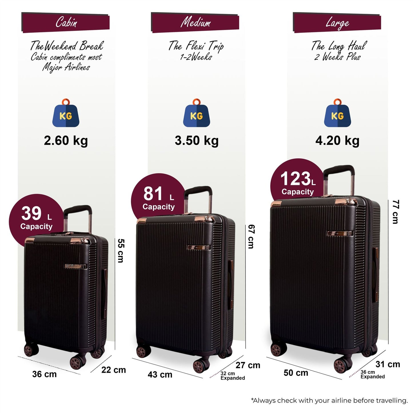 Cowra Set of 3 Hard Shell Suitcase in Marron