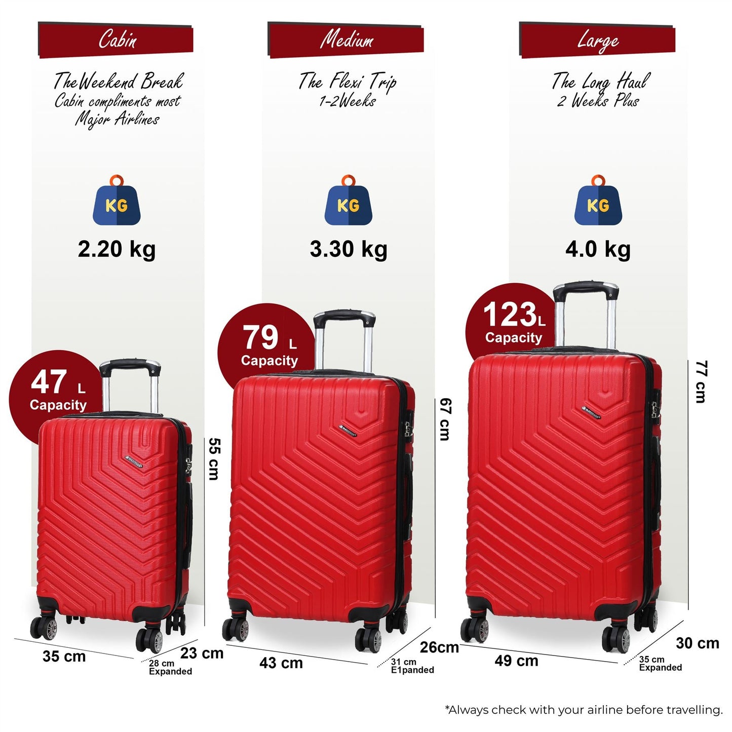 Bega Set of 3 Hard Shell Suitcase in Red