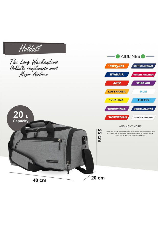 Holdall Carry On 40x 20 x25cm Under-seat Travel Duffel Bag for Ryanair, Easy Jet Grey