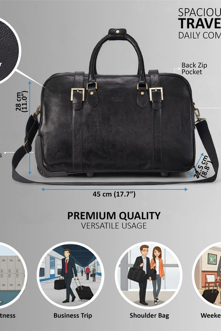 Genuine Leather Black Wheeled Holdall Duffle Travel Cabin Bag - Holt
