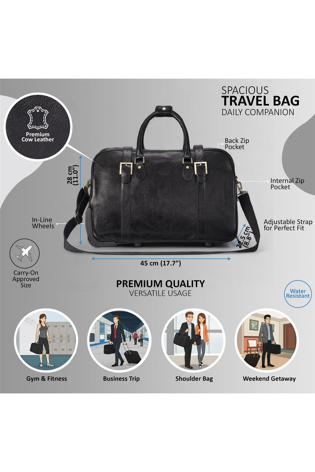 Genuine Leather Black Wheeled Holdall Duffle Travel Cabin Bag - Holt