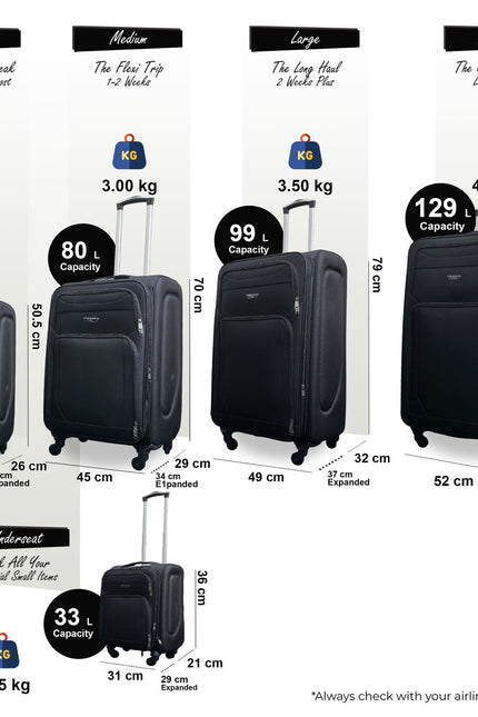 Nagoya Set of 5 Soft Shell Suitcase in Black