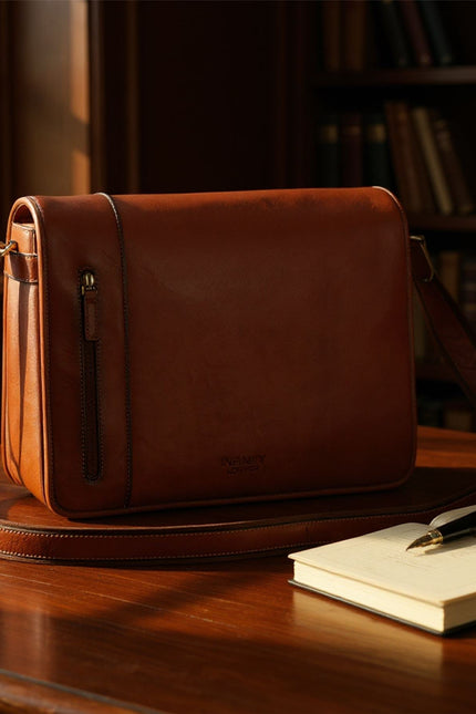 Genuine Leather Tan Laptop Satchel Messenger Shoulder Bag - Astor