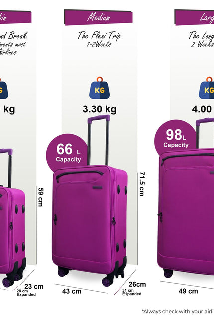 Handa Set of 3 Soft Shell Suitcase in Pink
