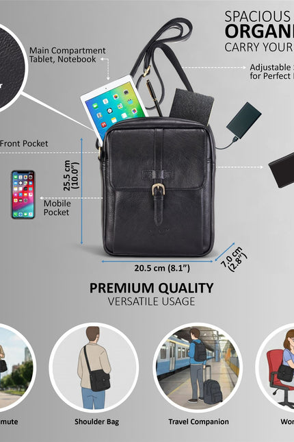 Genuine Leather Black Vintage Crossbody Messenger Travel Bag - Ashby