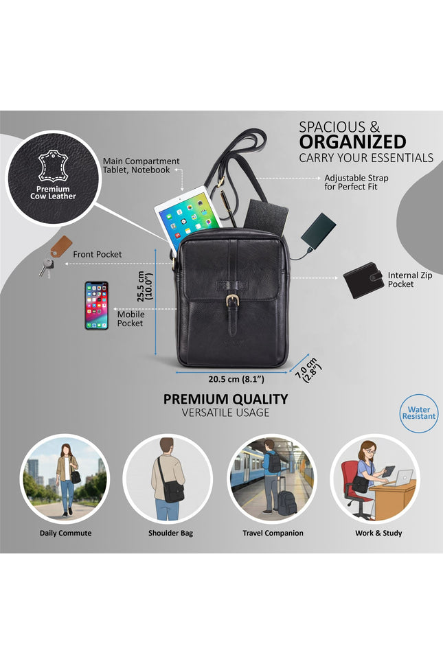 Genuine Leather Black Vintage Crossbody Messenger Travel Bag - Ashby