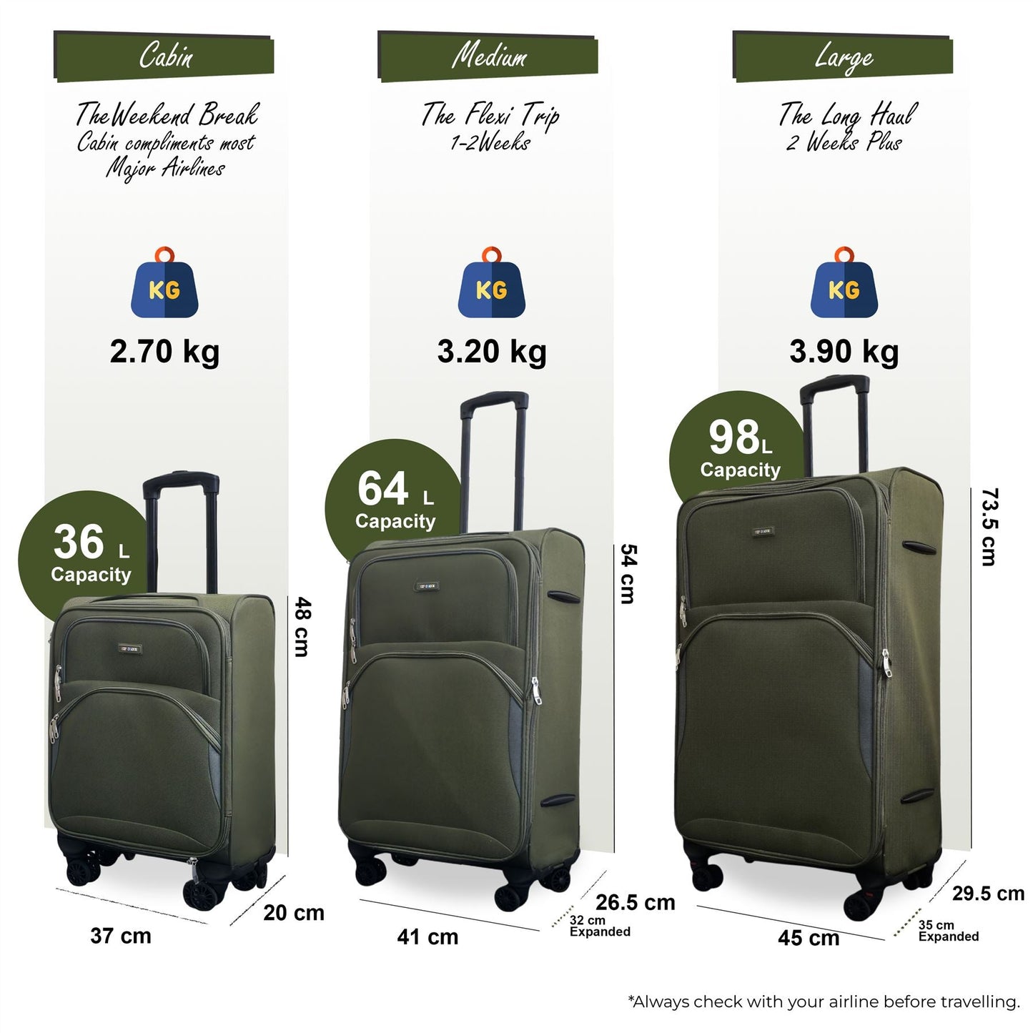 Gosford Set of 3 Soft Shell Suitcase in Green