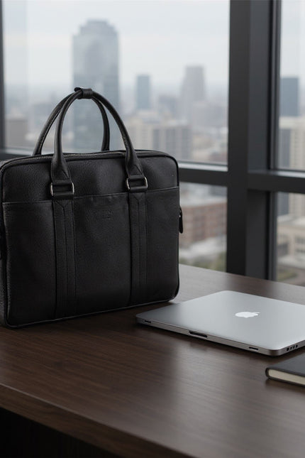 Genuine Leather Black Laptop Business Briefcase Office Work Travel Bag - Sutton
