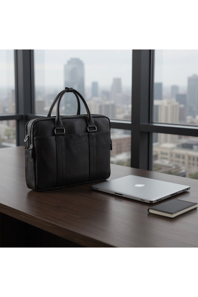 Genuine Leather Black Laptop Business Briefcase Office Work Travel Bag - Sutton