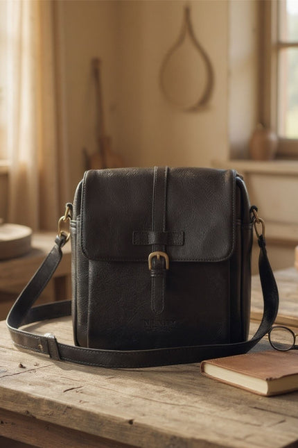 Genuine Leather Black Vintage Crossbody Messenger Travel Bag - Ashby