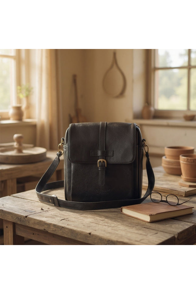 Genuine Leather Black Vintage Crossbody Messenger Travel Bag - Ashby