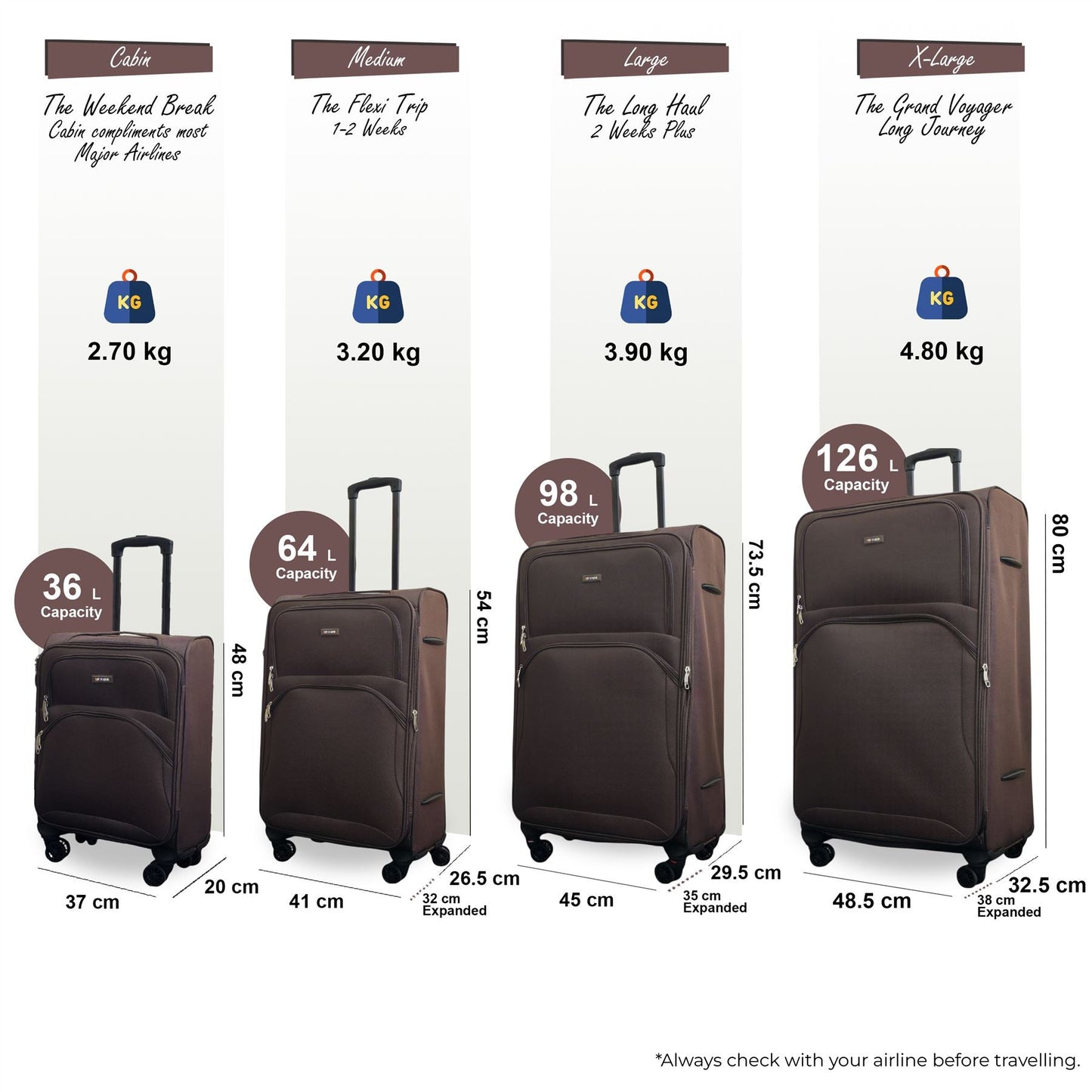 Gosford Set of 4 Soft Shell Suitcase in Brown