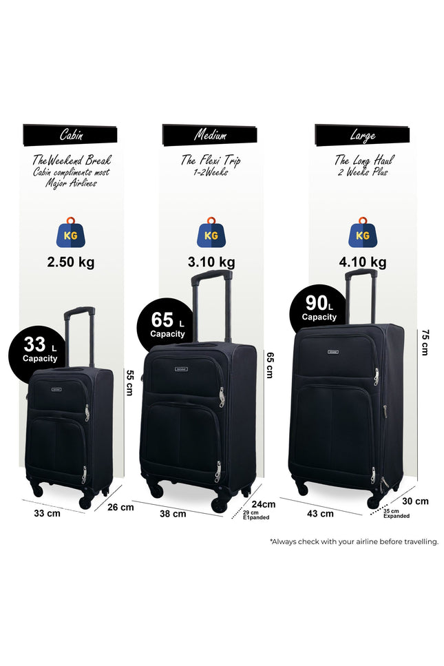 Tahara Set of 3 Soft Shell Suitcase in Black