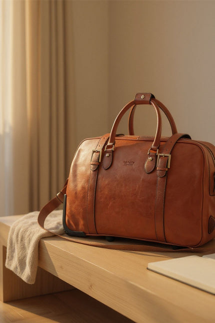 Genuine Leather Tan Wheeled Holdall Duffle Travel Cabin Bag - Holt