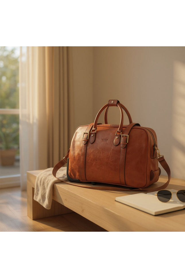 Genuine Leather Tan Wheeled Holdall Duffle Travel Cabin Bag - Holt