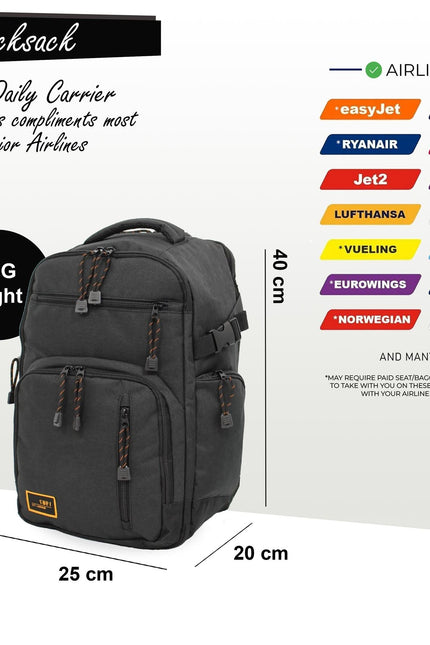 Backpack Rucksack 40x20 x25 cm Underseat Travel Cabin Bag for Ryanair, Easy Jet Black