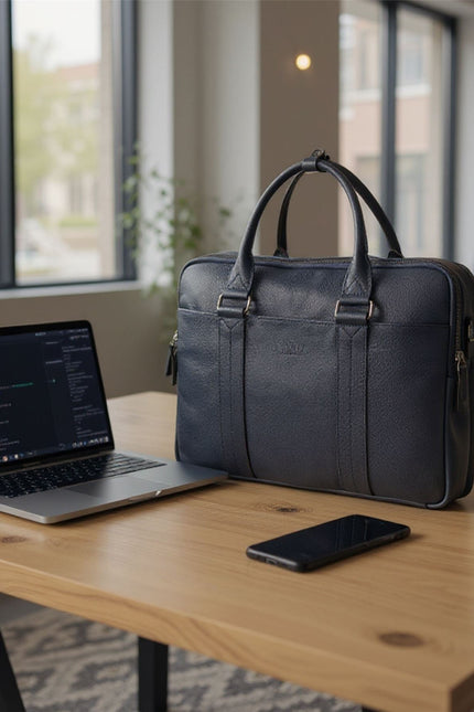 Genuine Leather Navy Laptop Business Briefcase Office Work Travel Bag - Sutton