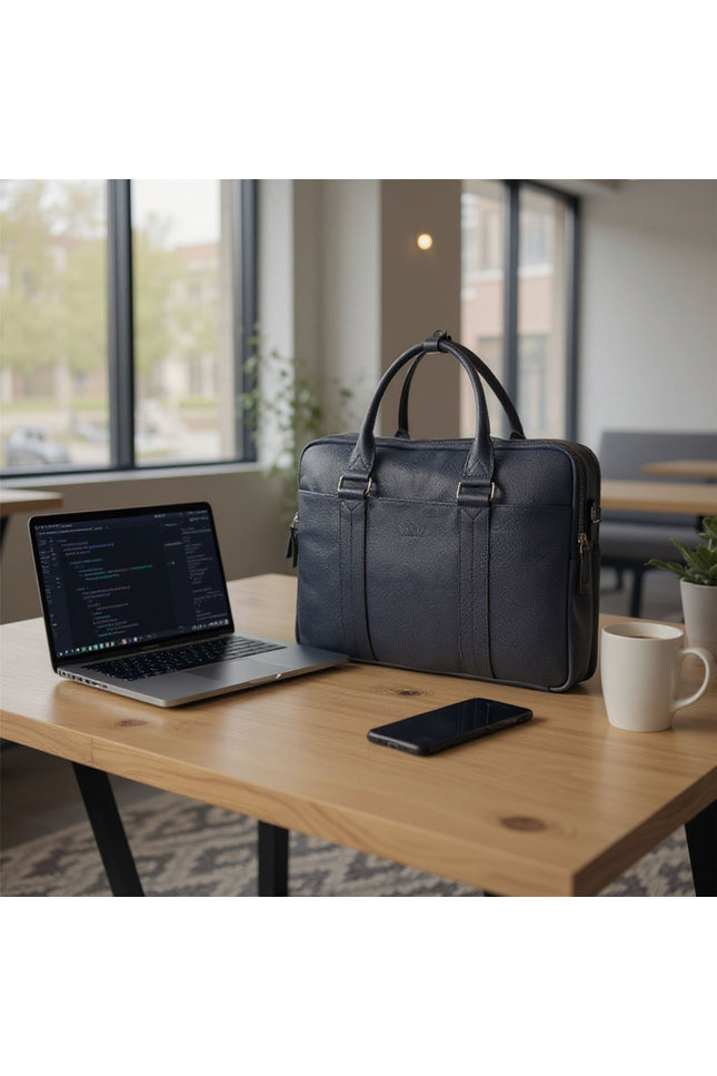Genuine Leather Navy Laptop Business Briefcase Office Work Travel Bag - Sutton
