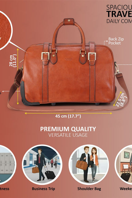 Genuine Leather Tan Wheeled Holdall Duffle Travel Cabin Bag - Holt