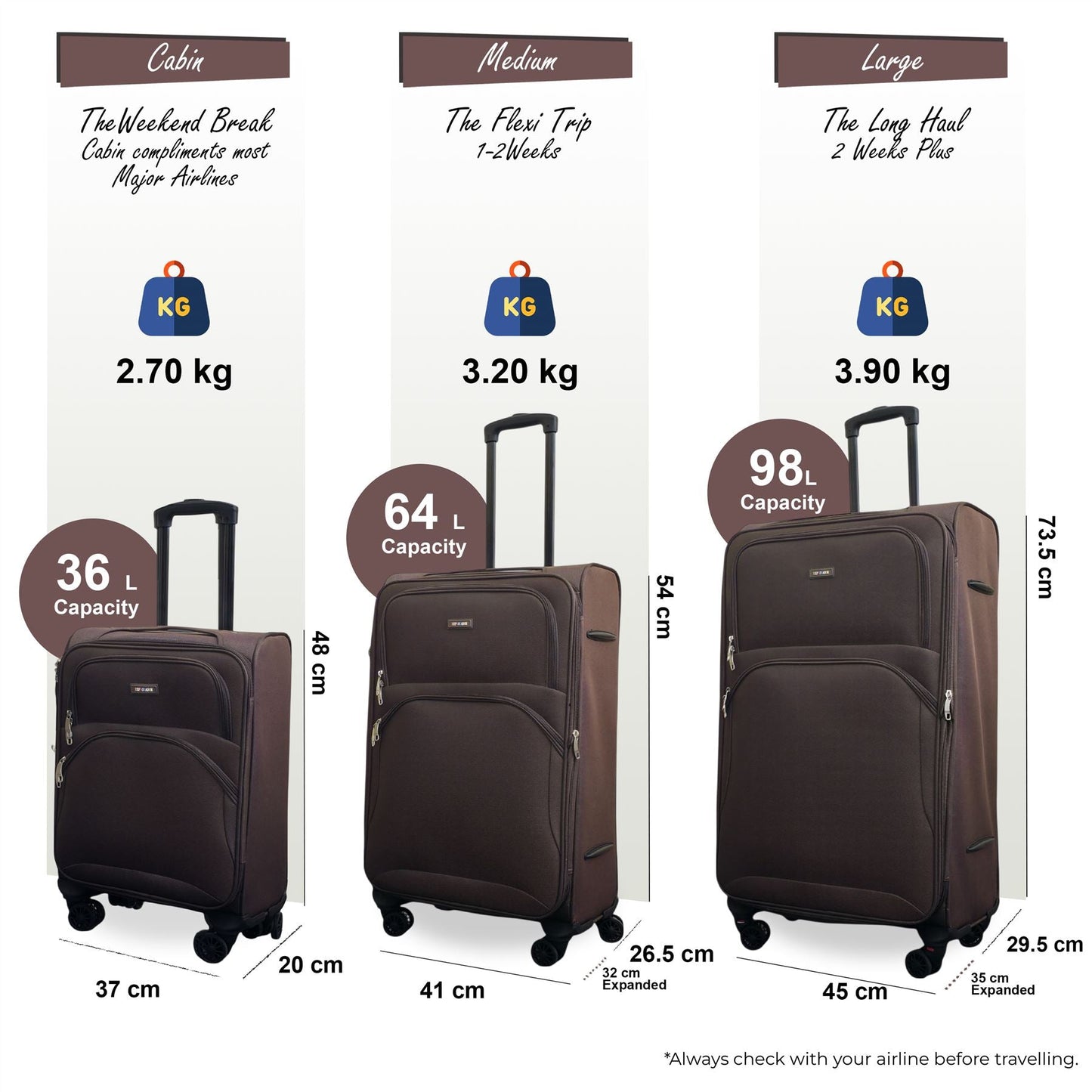 Gosford Set of 3 Soft Shell Suitcase in Brown