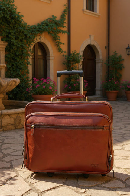 Genuine Leather Tan Wheel Laptop Briefcase Travel Cabin Pilot Bag - Nomad