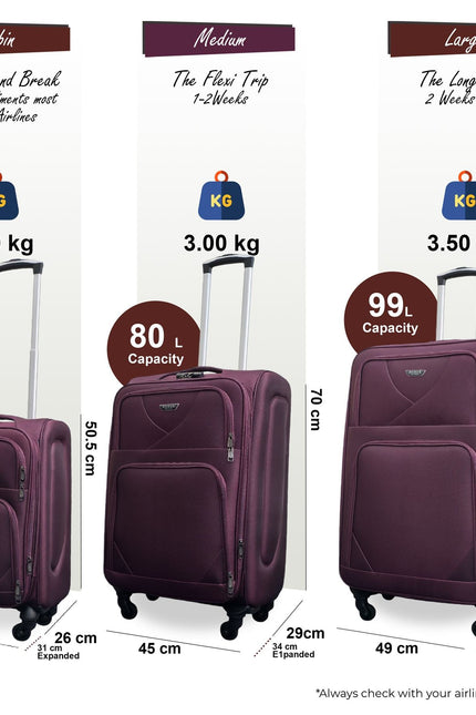 Nagoya Set of 3 Soft Shell Suitcase in Purple