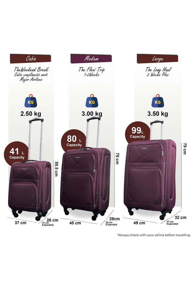 Nagoya Set of 3 Soft Shell Suitcase in Purple
