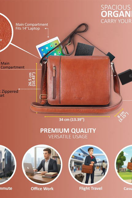 Genuine Leather Tan Laptop Satchel Messenger Shoulder Bag - Astor