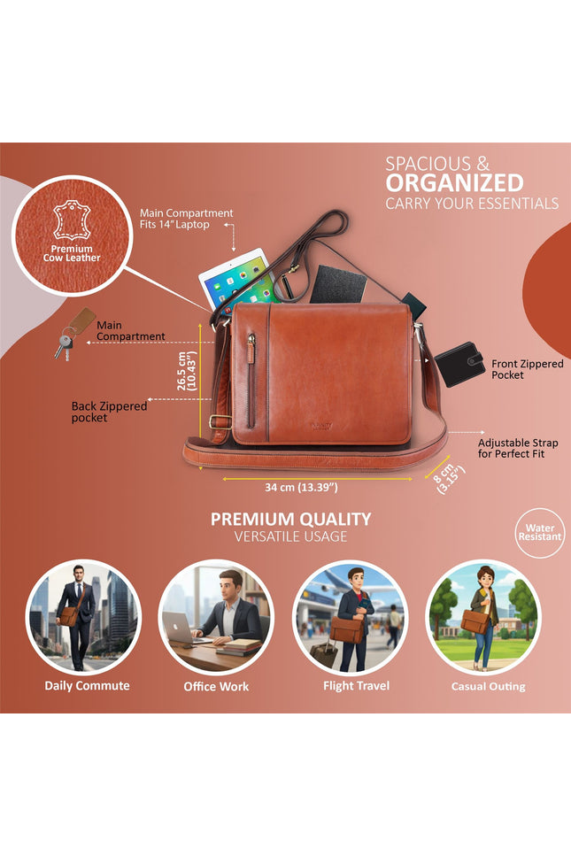 Genuine Leather Tan Laptop Satchel Messenger Shoulder Bag - Astor