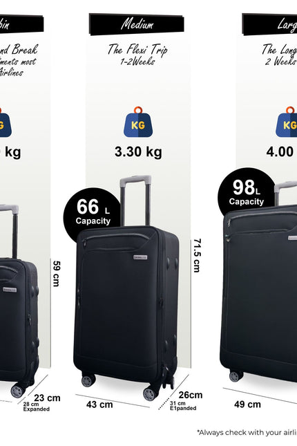 Handa Set of 3 Soft Shell Suitcase in Black
