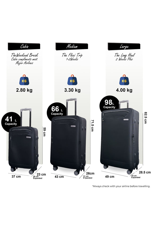 Handa Set of 3 Soft Shell Suitcase in Black