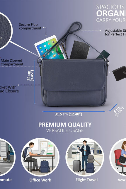 Genuine Leather Navy Laptop Bag Travel Work Messenger Satchel - Camden