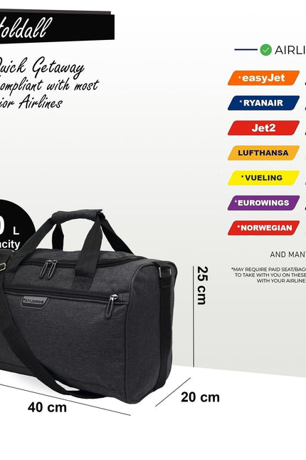 Holdall Carry On 40x 20 x25cm Under-seat Travel Cabin Bag for Ryanair, Easy Jet Black
