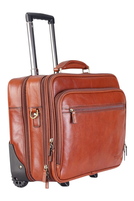Genuine Leather Tan Wheel Laptop Briefcase Travel Cabin Pilot Bag - Nomad