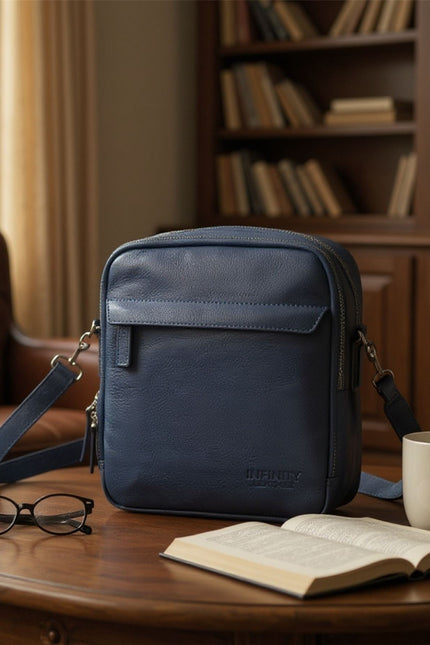 Genuine Leather Navy Vintage Messenger Crossbody Travel Bag - Hawthrone