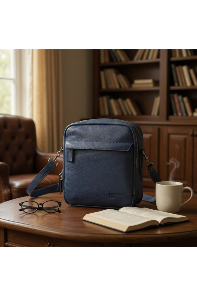 Genuine Leather Navy Vintage Messenger Crossbody Travel Bag - Hawthrone