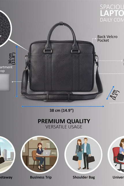 Genuine Leather Black Laptop Business Briefcase Office Work Travel Bag - Sutton