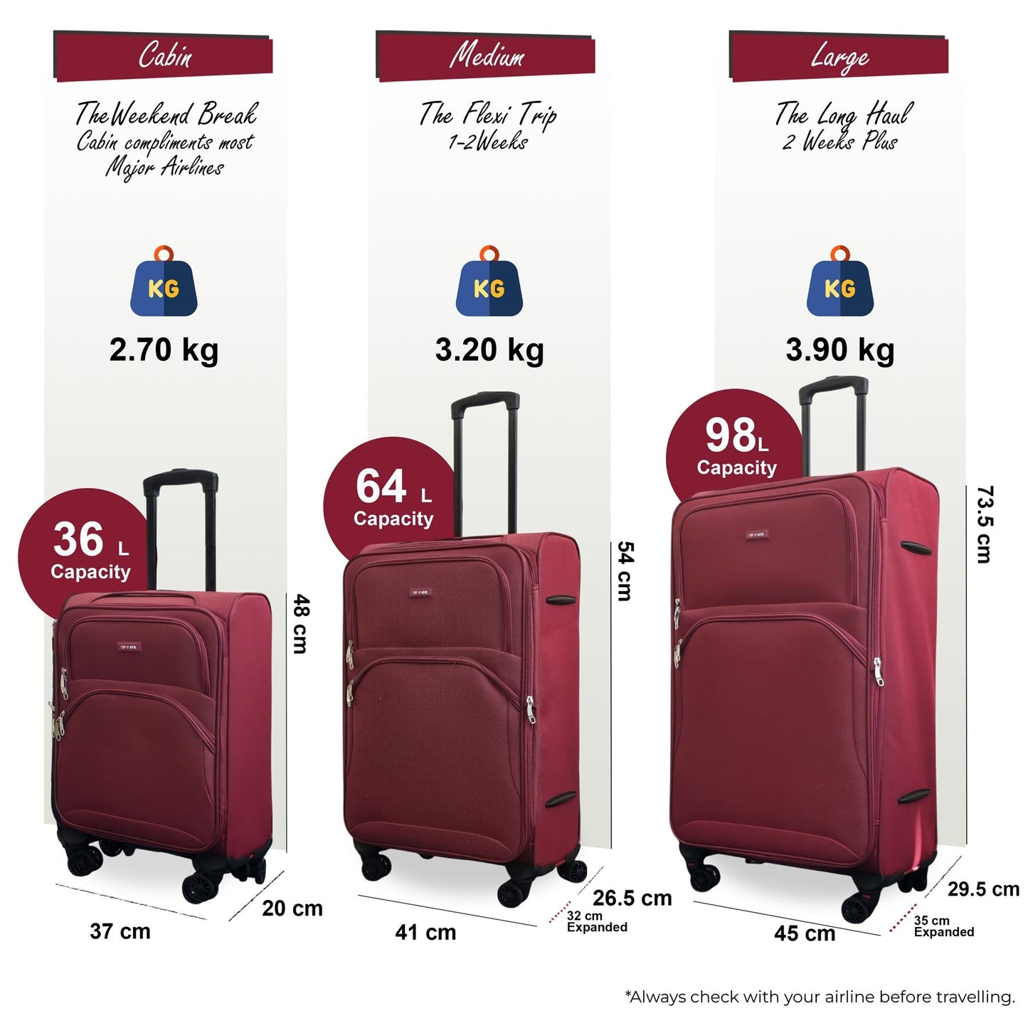 Gosford Set of 3 Soft Shell Suitcase in Burgundy Red