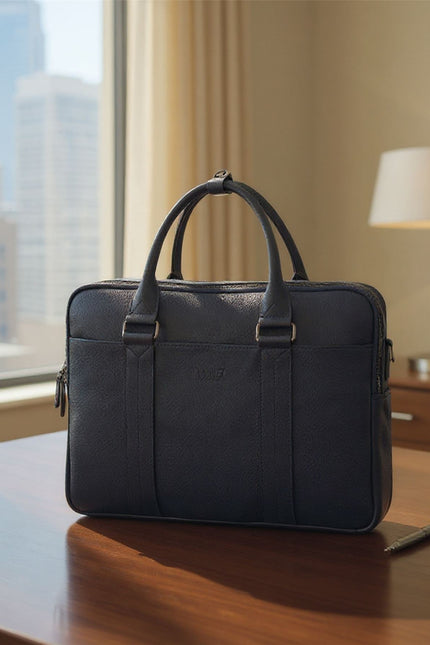 Genuine Leather Navy Laptop Business Briefcase Office Work Travel Bag - Sutton