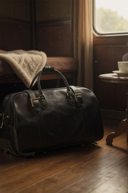 Genuine Leather Black Wheeled Holdall Duffle Travel Cabin Bag - Holt