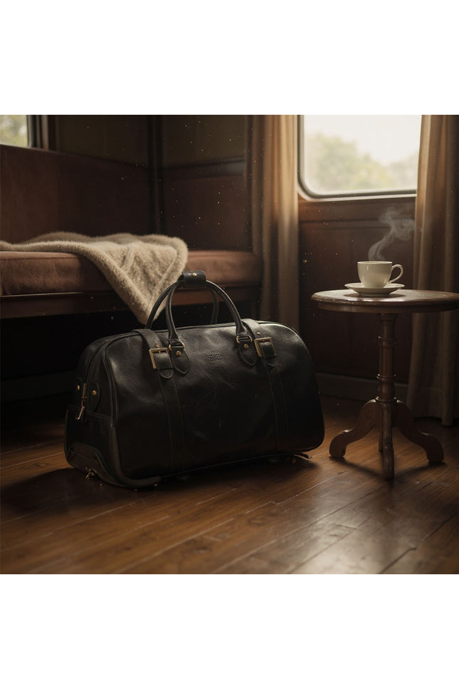 Genuine Leather Black Wheeled Holdall Duffle Travel Cabin Bag - Holt