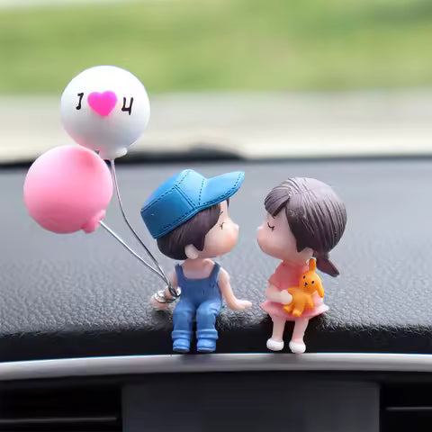 Car Dashboard Decorations  Cute Cartoon Couple Figurines & Balloon Ornaments for Girls’ Cars